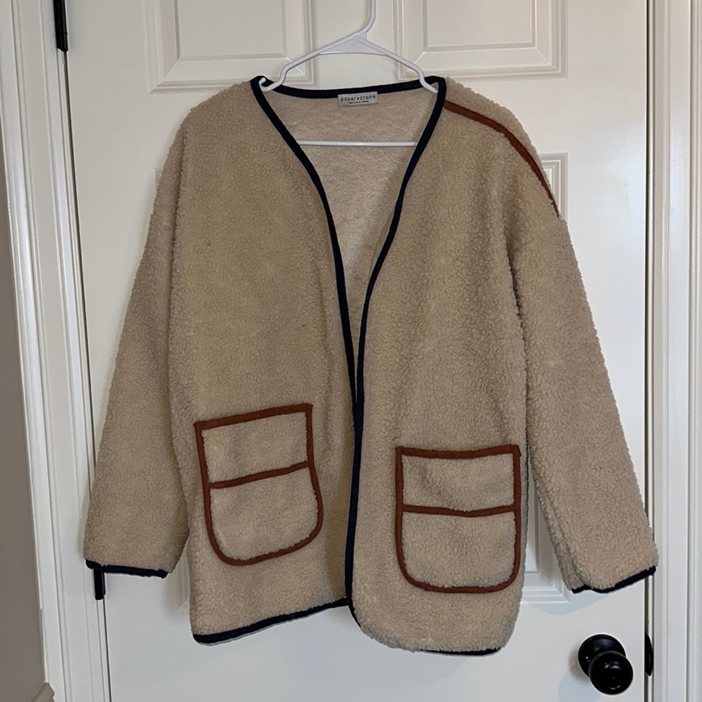 Paper Crane Tan Sherpa Jacket with Brown Trim
